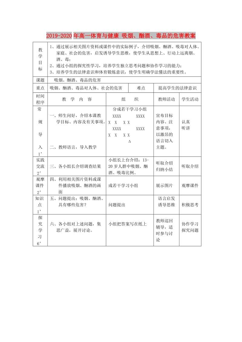 2019-2020年高一体育与健康 吸烟、酗酒、毒品的危害教案.doc_第1页