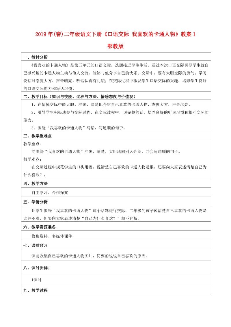 2019年(春)二年级语文下册《口语交际 我喜欢的卡通人物》教案1 鄂教版.doc_第1页