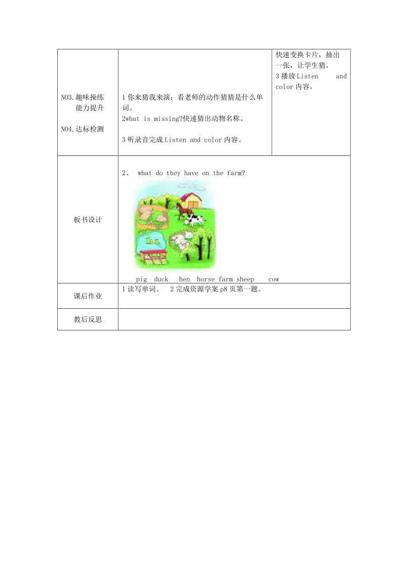 2019年四年级英语上册 Unit2 What do they have on the farm第一课时学案 陕旅版.doc_第3页