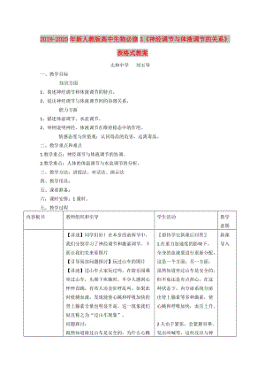 2019-2020年新人教版高中生物必修3《神經(jīng)調(diào)節(jié)與體液調(diào)節(jié)的關(guān)系》表格式教案.doc