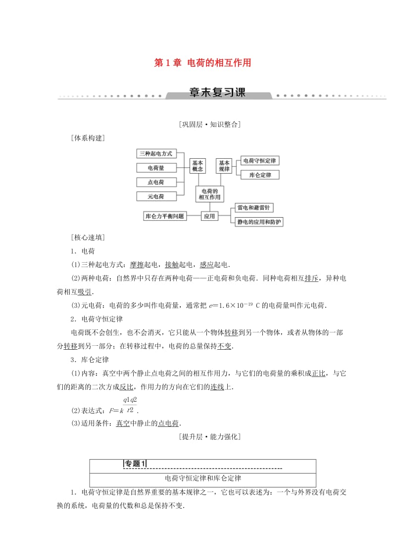 2018-2019学年高中物理 第1章 电荷的相互作用章末复习课学案 沪科版选修3-1.doc_第1页