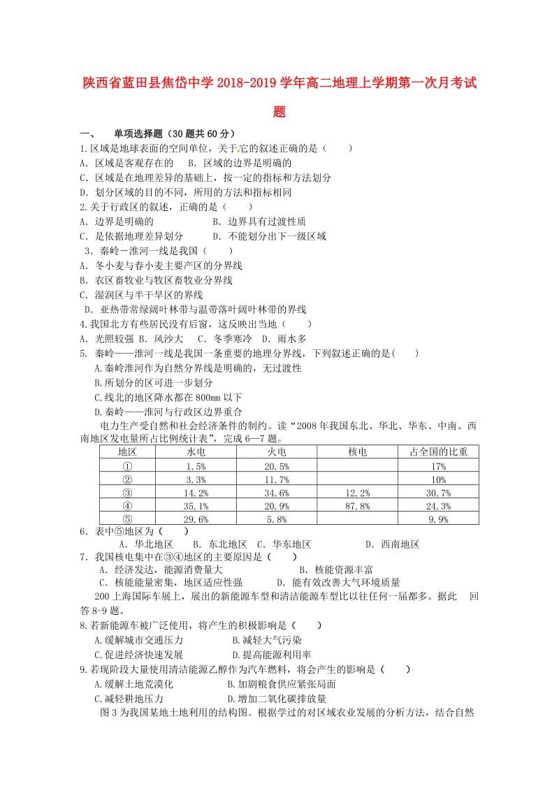 陕西省蓝田县焦岱中学2018-2019学年高二地理上学期第一次月考试题.doc_第1页