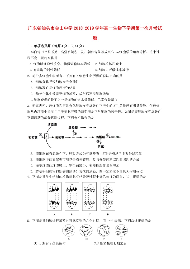 广东省汕头市金山中学2018-2019学年高一生物下学期第一次月考试题.doc_第1页