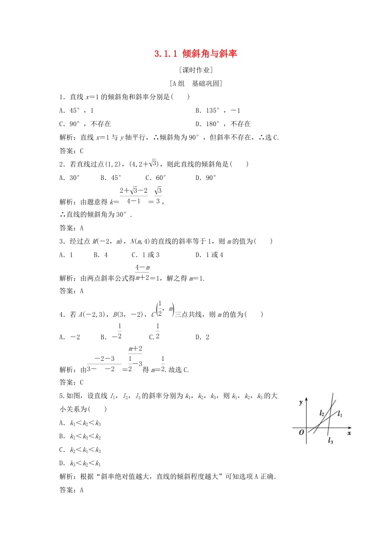 2017-2018学年高中数学 第三章 直线与方程 3.1 直线的倾斜角与斜率 3.1.1 倾斜角与斜率优化练习 新人教A版必修2.doc_第1页