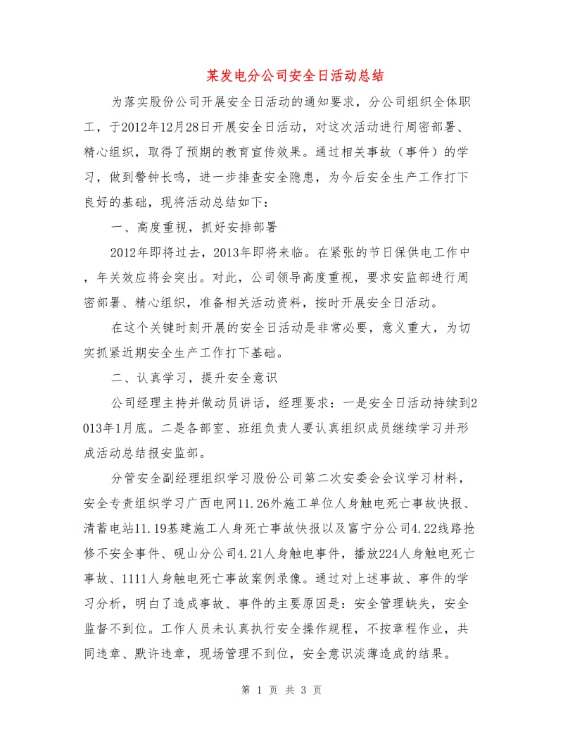 某发电分公司安全日活动总结.doc_第1页