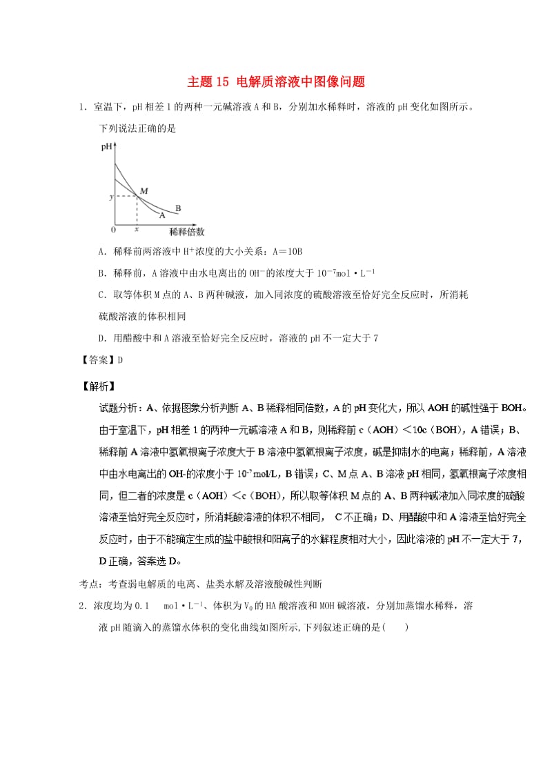 2018-2019学年高中化学 主题15 电解质溶液中图像问题补差试题 新人教版选修4.doc_第1页