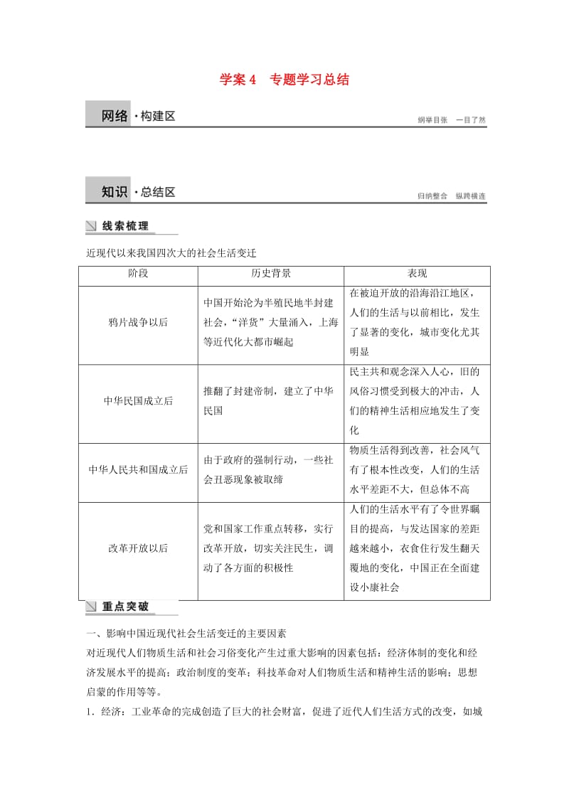 2017-2018学年高中历史 专题四 中国近现代社会生活的变迁 课时4 专题学习总结学案 人民版必修2.doc_第1页