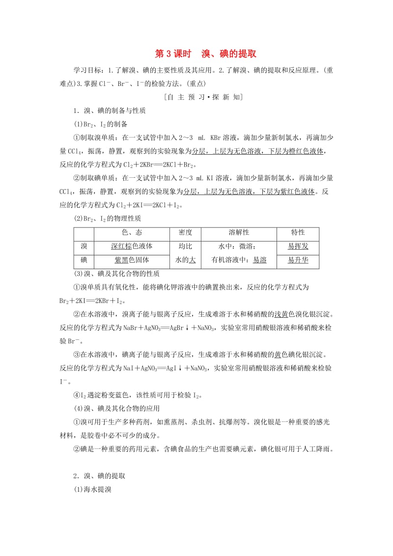 2018-2019学年高中化学 专题2 从海水中获得的化学物质 第1单元 氯、溴、碘及其化合物 第3课时 溴、碘的提取学案 苏教版必修1.doc_第1页