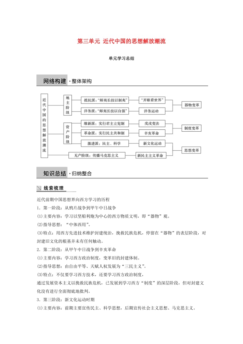 2018-2019学年高中历史 第三单元 近代中国的思想解放潮流学习总结学案 北师大版必修3.doc_第1页