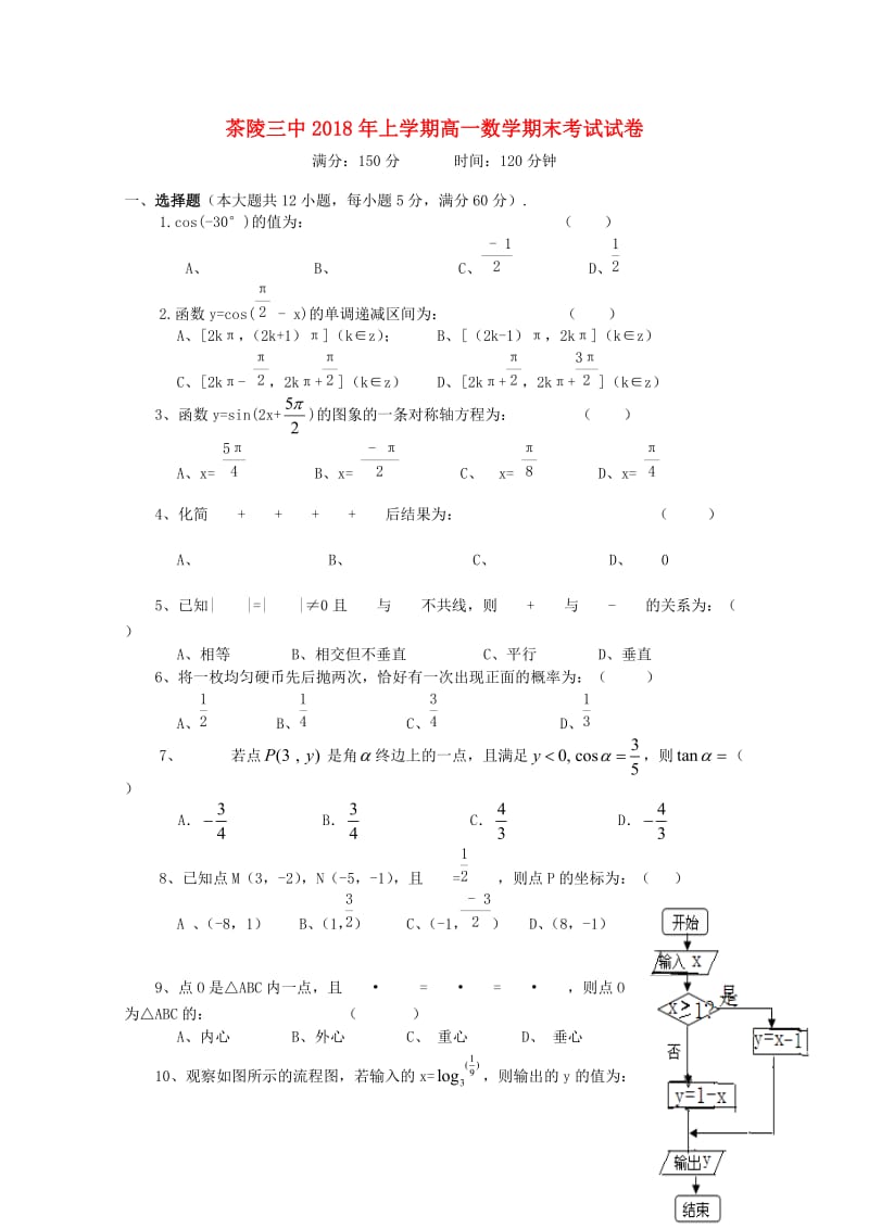 湖南省茶陵县三中2017-2018学年高一数学下学期期末考试试题.doc_第1页