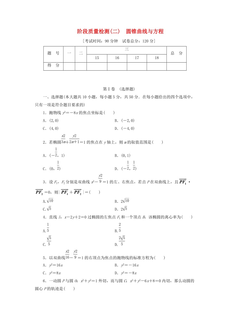 2017-2018学年高中数学 阶段质量检测（二）圆锥曲线与方程 北师大版选修1 -1.doc_第1页