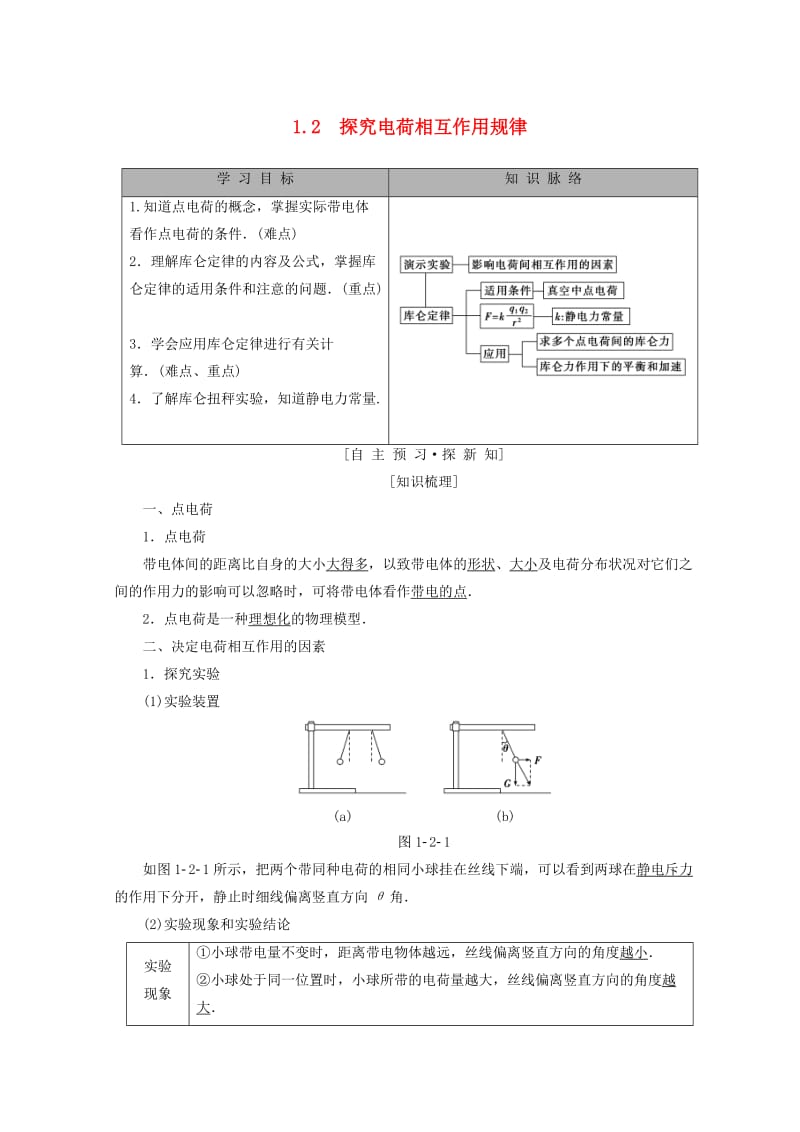 2018-2019学年高中物理 第1章 电荷的相互作用 1.2 探究电荷相互作用规律学案 沪科版选修3-1.doc_第1页