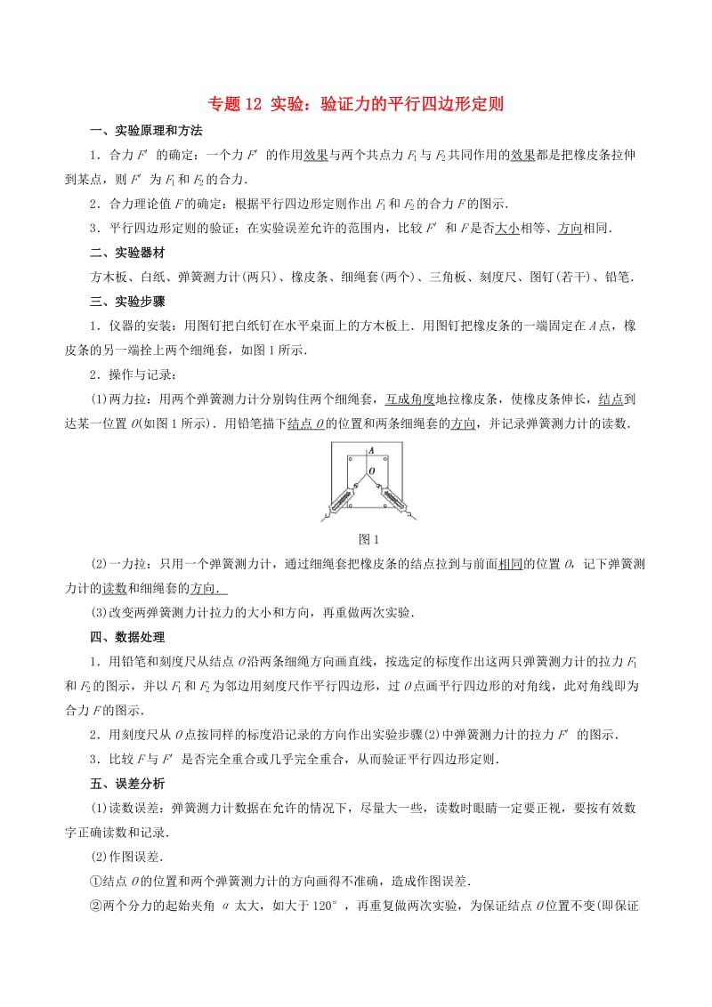 2018-2019学年高中物理同步重难讲练之相互作用 专题12 实验：验证力的平行四边形定则学案 新人教版必修1.doc_第1页