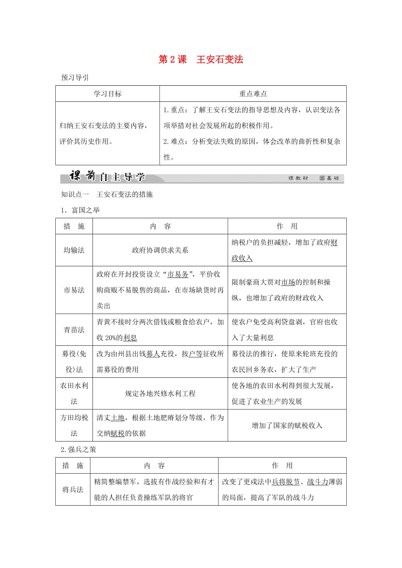 2018-2019学年高中历史 专题四 王安石变法 4-2 王安石变法学案 人民版选修1 .doc_第1页