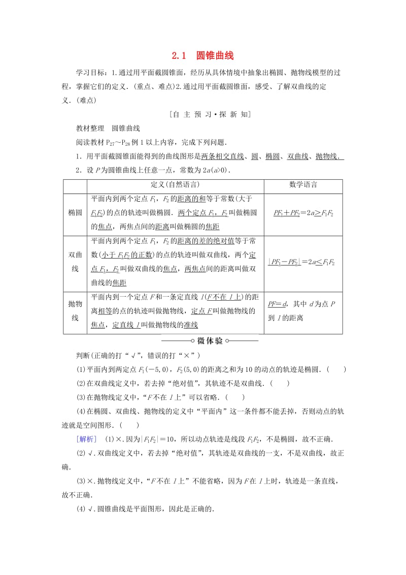 2018-2019学年高中数学 第2章 圆锥曲线与方程 2.1 圆锥曲线学案 苏教版选修2-1.doc_第1页