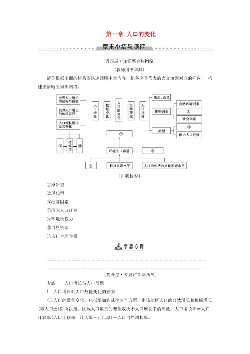 2018-2019学年高中地理 第一章 人口的变化章末小结与测评学案 新人教版必修2.doc_第1页