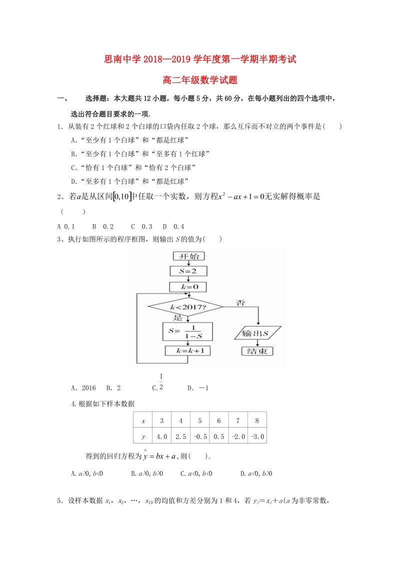 贵州省思南中学2018-2019学年高二数学上学期期中试题.doc_第1页