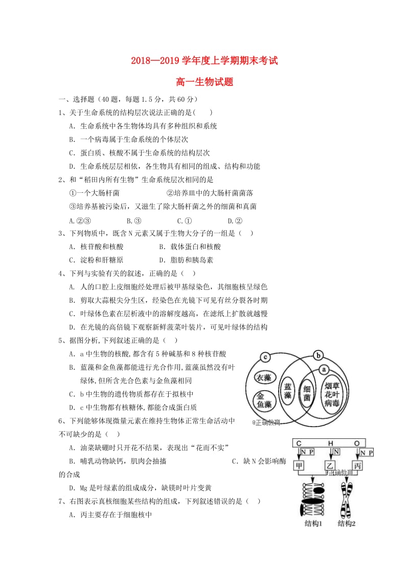 黑龙江省齐齐哈尔八中2018-2019学年高一生物上学期期末考试试题.doc_第1页