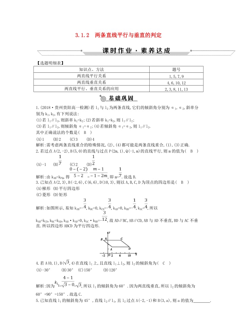 2018-2019学年高中数学 第三章 直线与方程 3.1.2 两条直线平行与垂直的判定练习 新人教A版必修2.doc_第1页