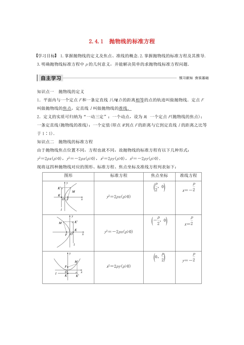 2020版高中数学 第二章 圆锥曲线与方程 2.4.1 抛物线的标准方程学案（含解析）新人教B版选修2-1.docx_第1页