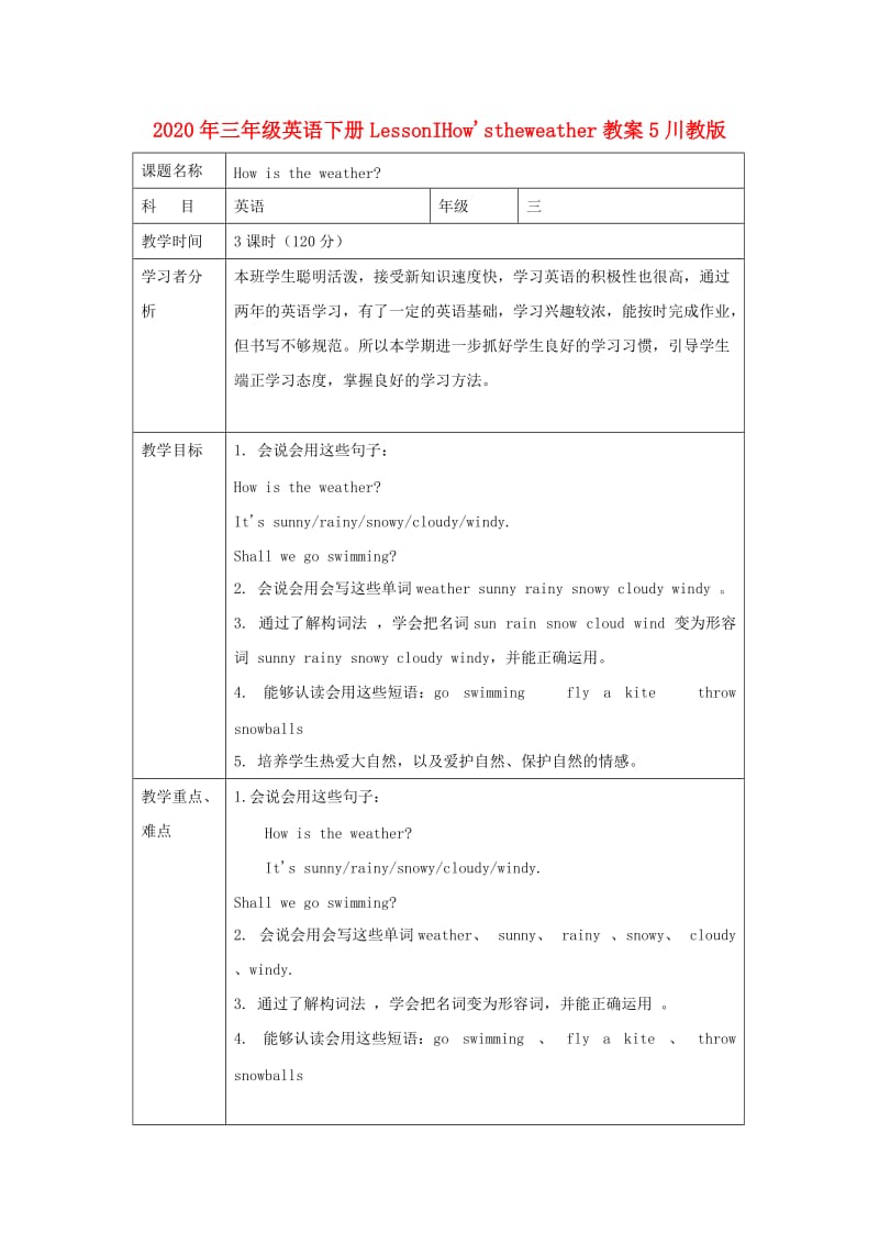 2020年三年级英语下册LessonIHowstheweather教案5川教版.doc_第1页