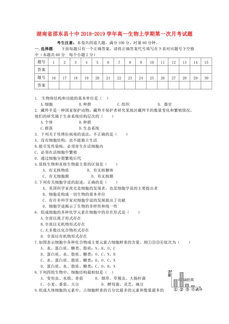 湖南省邵东县十中2018-2019学年高一生物上学期第一次月考试题.doc_第1页