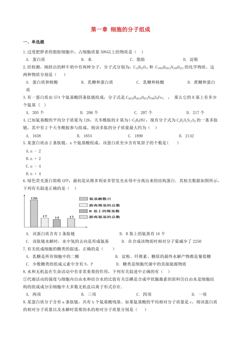 2018-2019学年高中生物 第一章 细胞的分子组成单元测试 浙科版必修1.docx_第1页