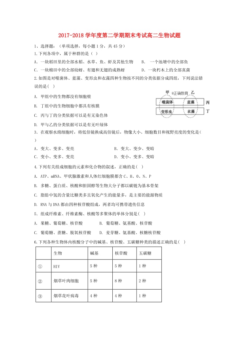 黑龙江省青冈县一中2017-2018学年高二生物下学期期末考试试题.doc_第1页