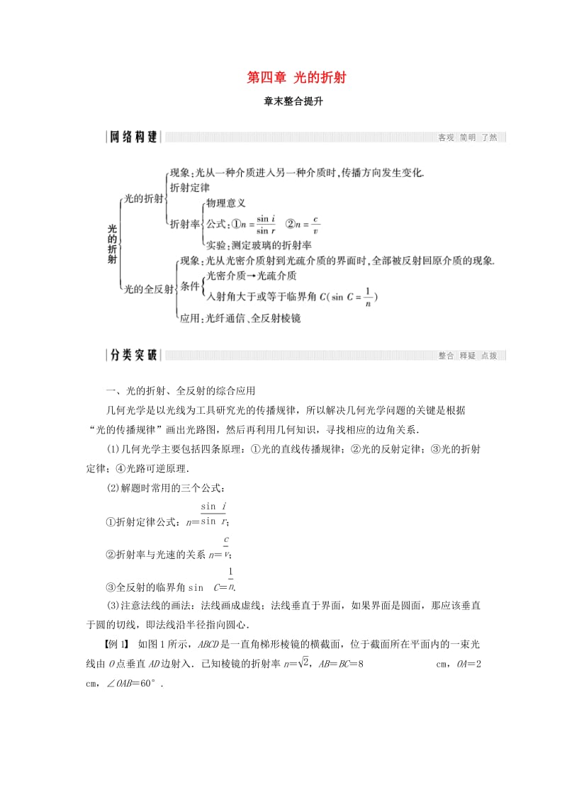 2017-2018学年高中物理 第四章 光的折射章末整合提升学案 教科版选修3-4.doc_第1页