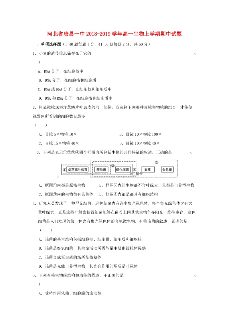 河北省唐县一中2018-2019学年高一生物上学期期中试题.doc_第1页