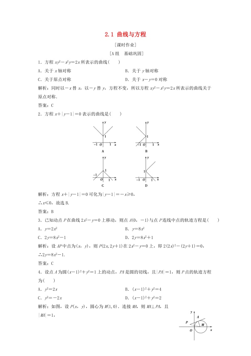 2017-2018学年高中数学 第二章 圆锥曲线与方程 2.1 曲线与方程优化练习 新人教A版选修2-1.doc_第1页