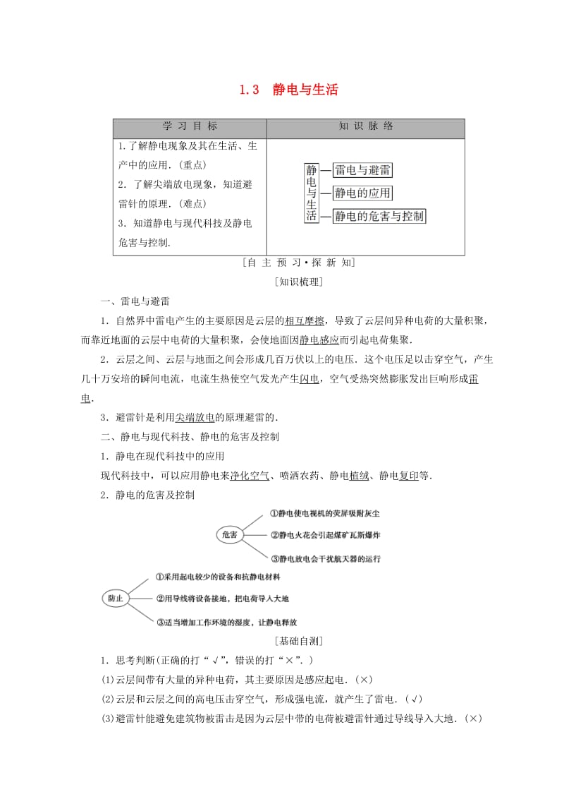 2018-2019学年高中物理 第1章 电荷的相互作用 1.3 静电与生活学案 沪科版选修3-1.doc_第1页