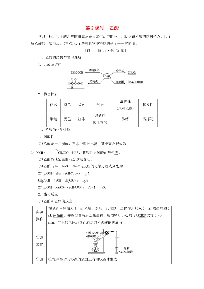 2018-2019学年高中化学 专题3 有机化合物的获得与应用 第2单元 食品中的有机化合物 第2课时 乙酸学案 苏教版必修2.doc_第1页