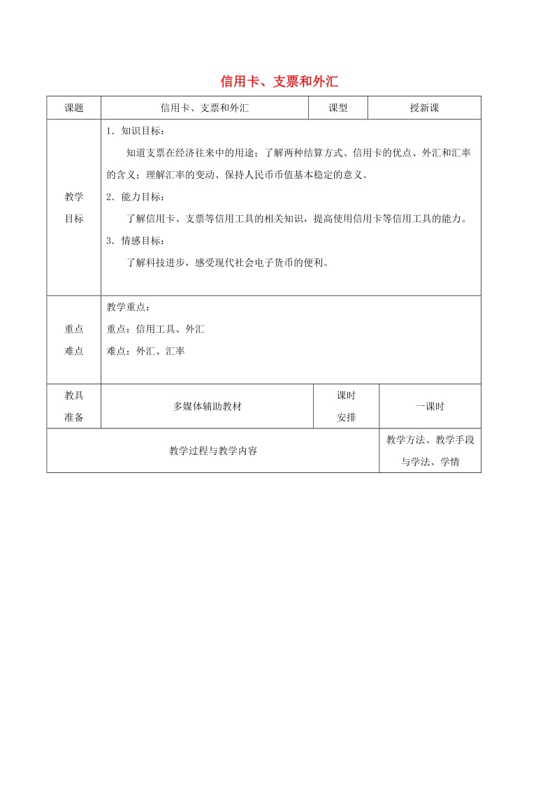 2018-2019学年高中政治 第1单元 第1课 第2框 信用卡、支票和外汇教案 新人教版必修1.doc_第1页