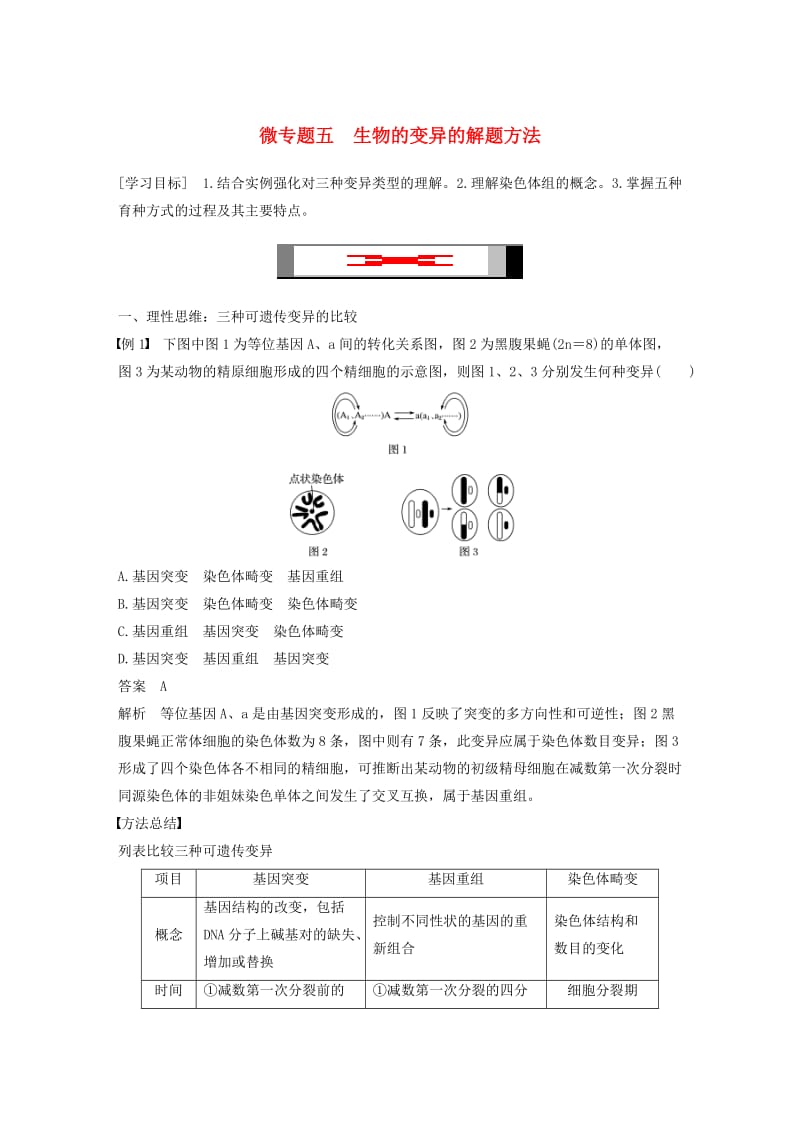 2018-2019学年高中生物 第四章 生物的变异 微专题五 生物的变异的解题方法学案 浙科版必修2.doc_第1页