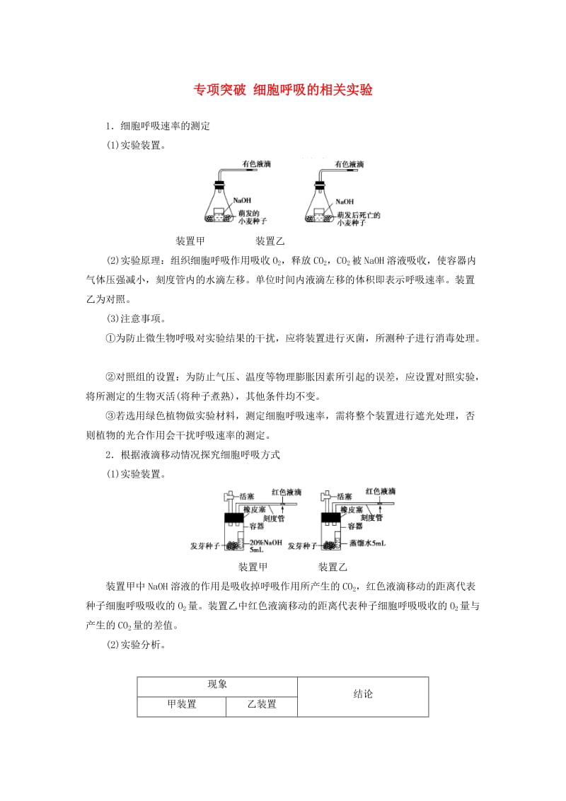 2019版高考生物总复习 第三单元 细胞的能量供应和利用 专项突破 细胞呼吸的相关实验.doc_第1页