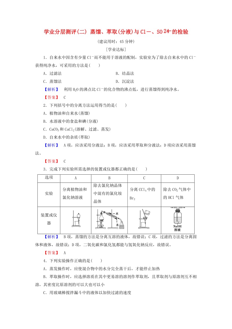 2018版高中化学 第一章 从实验学化学 学业分层测评2 蒸馏、萃取(分液)与Cl－、SO2－4的检验 新人教版必修1.doc_第1页