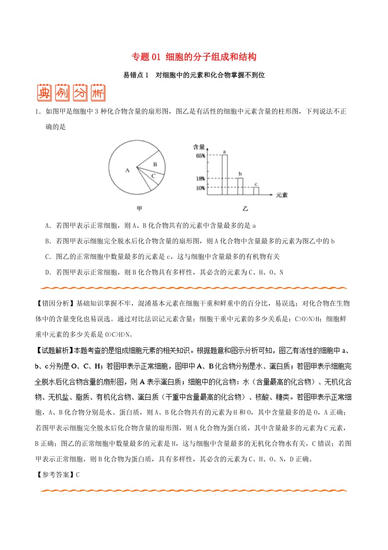 2019年高考生物 纠错笔记 专题01 细胞的分子组成和结构.doc_第1页