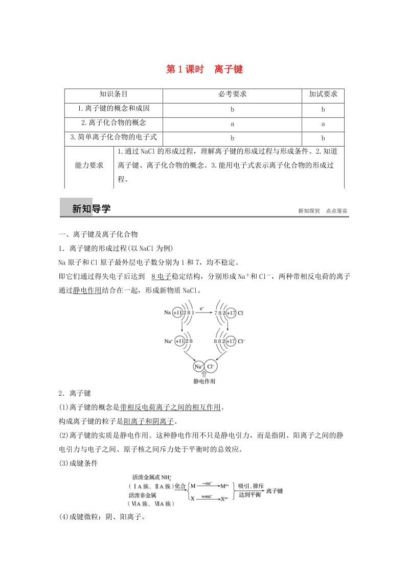 2018高中化学 专题1 微观结构与物质的多样 第二单元 微粒之间的相互作用力 第1课时 离子键导学案 苏教版必修2.doc_第1页