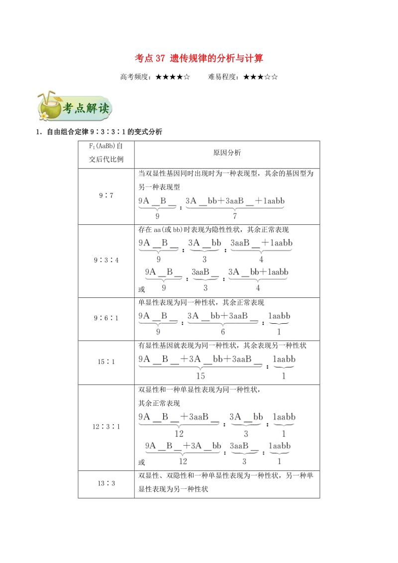 2019年高考生物 考点一遍过 考点37 遗传规律的分析与计算（含解析）.doc_第1页