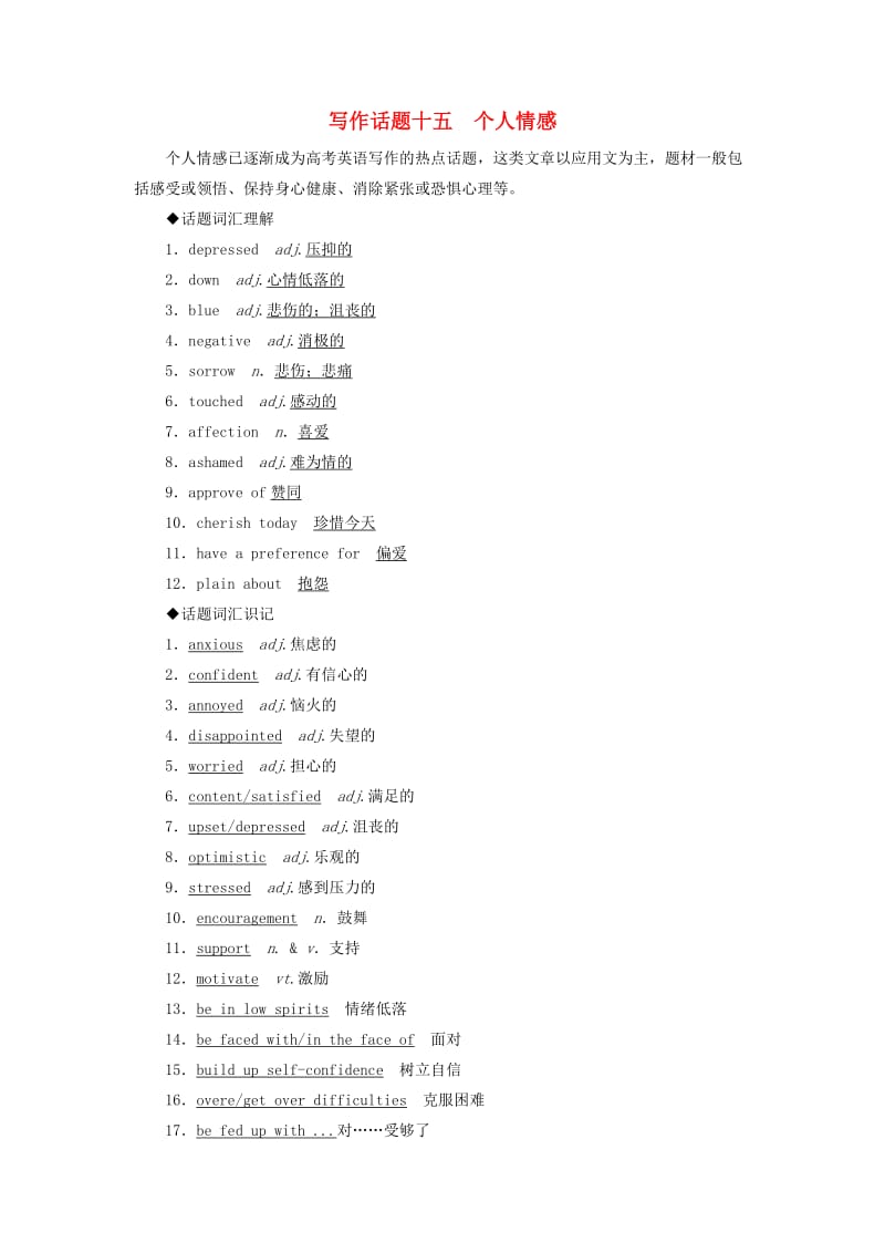 2019版高考英语一轮复习 写作话题 15 个人情感 新人教版.doc_第1页