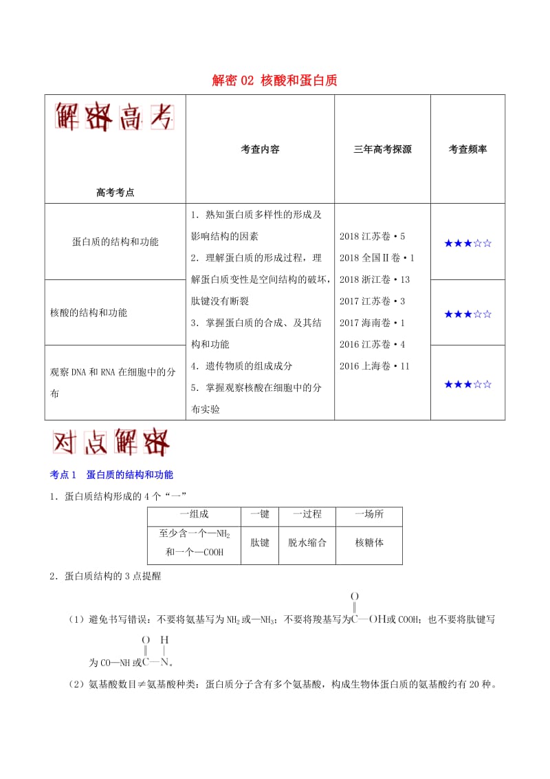 2019年高考生物 高频考点解密 专题02 核酸和蛋白质.doc_第1页