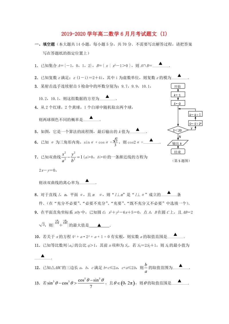 2019-2020学年高二数学6月月考试题文 (I).doc_第1页