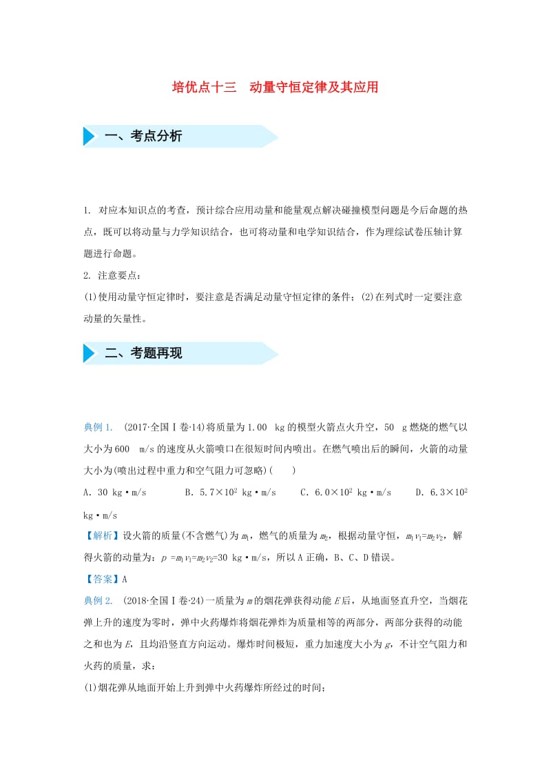 2019届高考物理 专题十三 动量守恒定律及其应用精准培优专练.doc_第1页