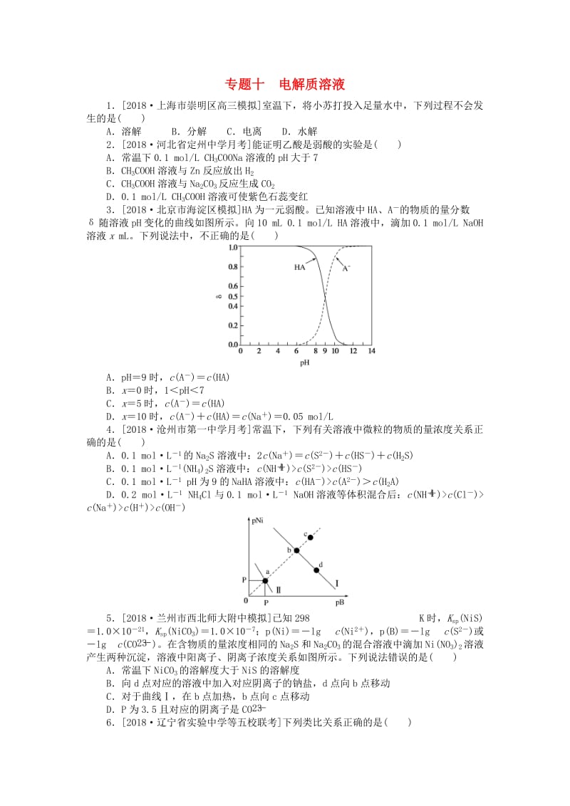 2019年高考化学二轮复习 专题十 电解质溶液练习.doc_第1页