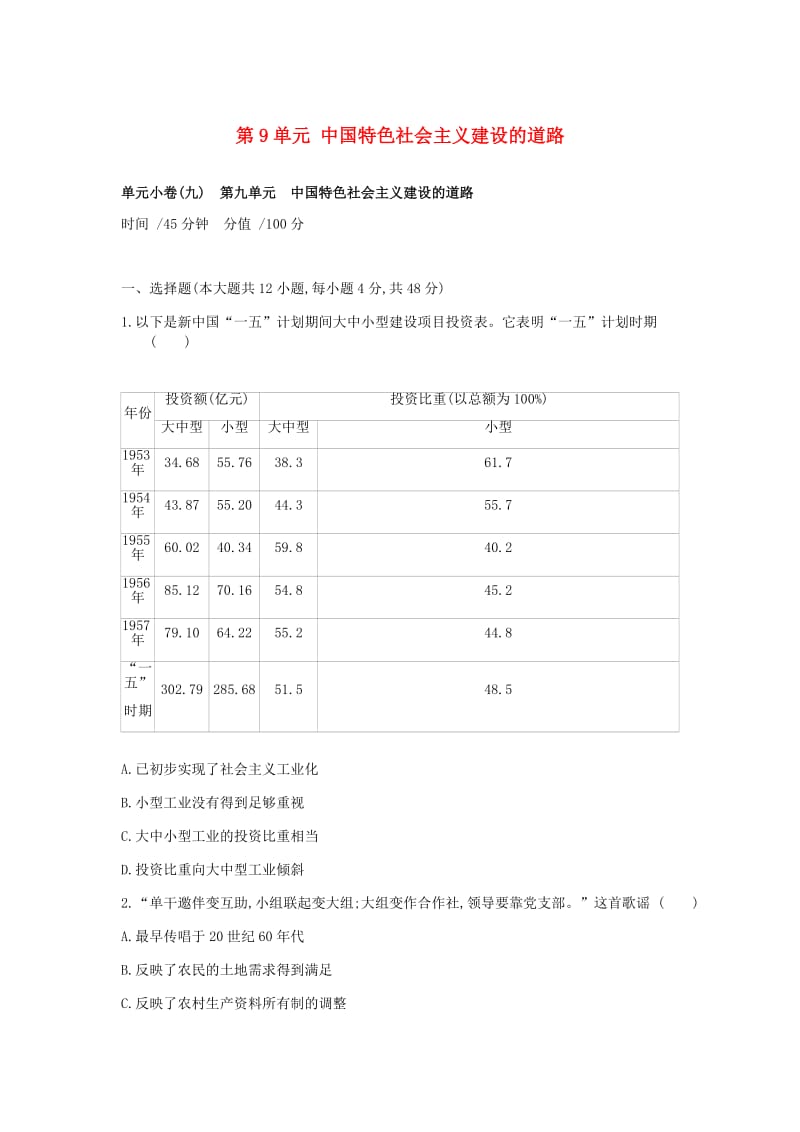 2019年高考历史一轮复习 第9单元 中国特色社会主义建设的道路测评 新人教版.docx_第1页