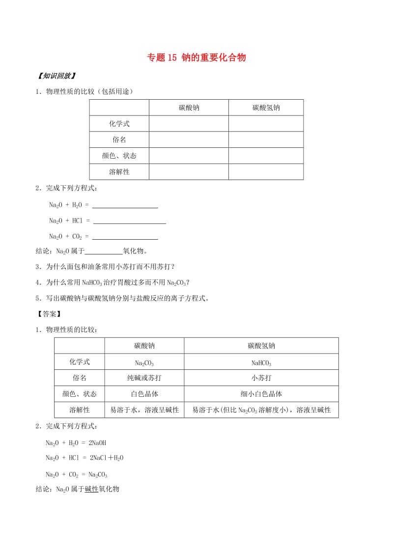 2018年秋高中化学 初高中衔接 专题15 钠的重要化合物学案.doc_第1页