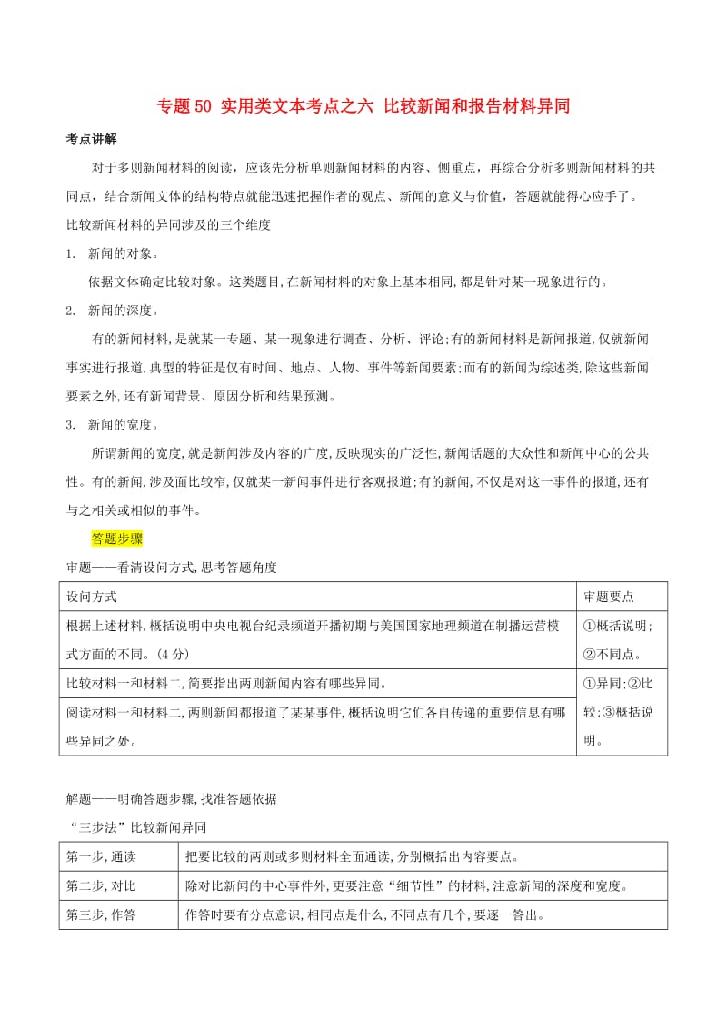 2019年高三语文一轮复习 知识点讲解阅读预热试题 专题50 实用类文本考点之六 比较新闻和报告材料异同（含解析）新人教版.doc_第1页