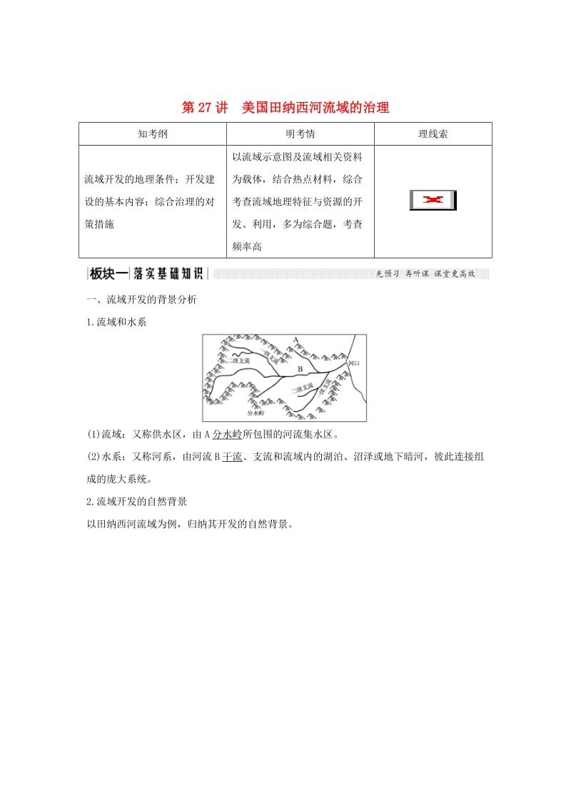 2019版高考地理大一轮复习 第十单元 区域可持续发展 第27讲 美国田纳西河流域的治理学案 中图版.doc_第1页