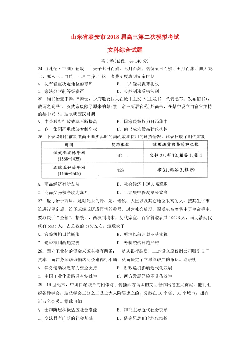 山东省泰安市2018届高三历史第二次模拟考试试题.doc_第1页